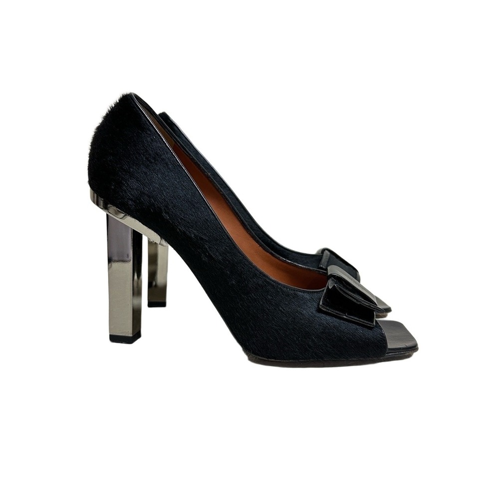 Lanvin Black Pony Hair Bow Peep Toe Pumps Metallic Block‎ Heel Size 40 US 9.5